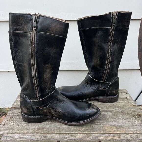 Bed Stu Gogo Lug Moto Boots Black Brown Gold Distressed Leather Side Zip Size 7 - Picture 8 of 11